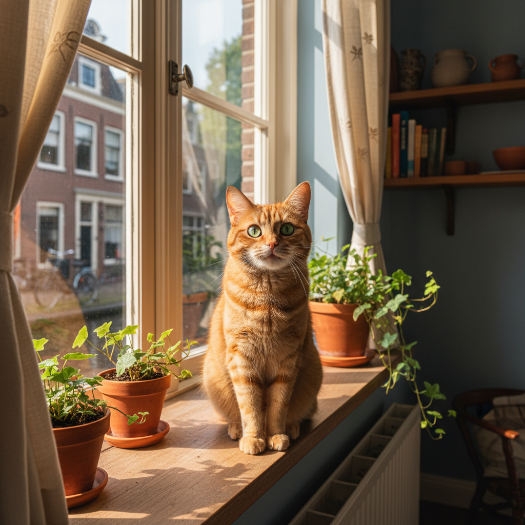 Vrolijke kat in een zonnig raam