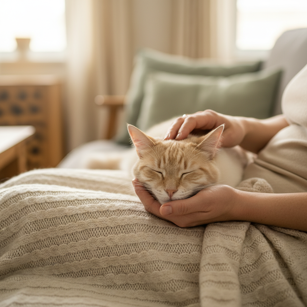 Kattenoppas aait een tevreden kat